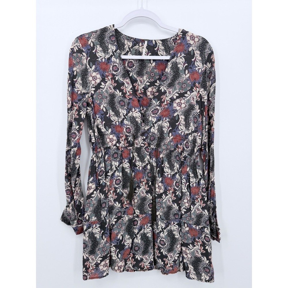 Free People Stealing Fire Dress Women Small Petite Black Floral Paisley Tassel